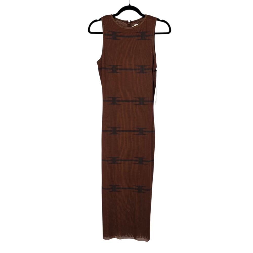 NWT Honor The Gift Brown Geometric Stripe Sheer Sleeveless Mesh Midi Dress Sz L